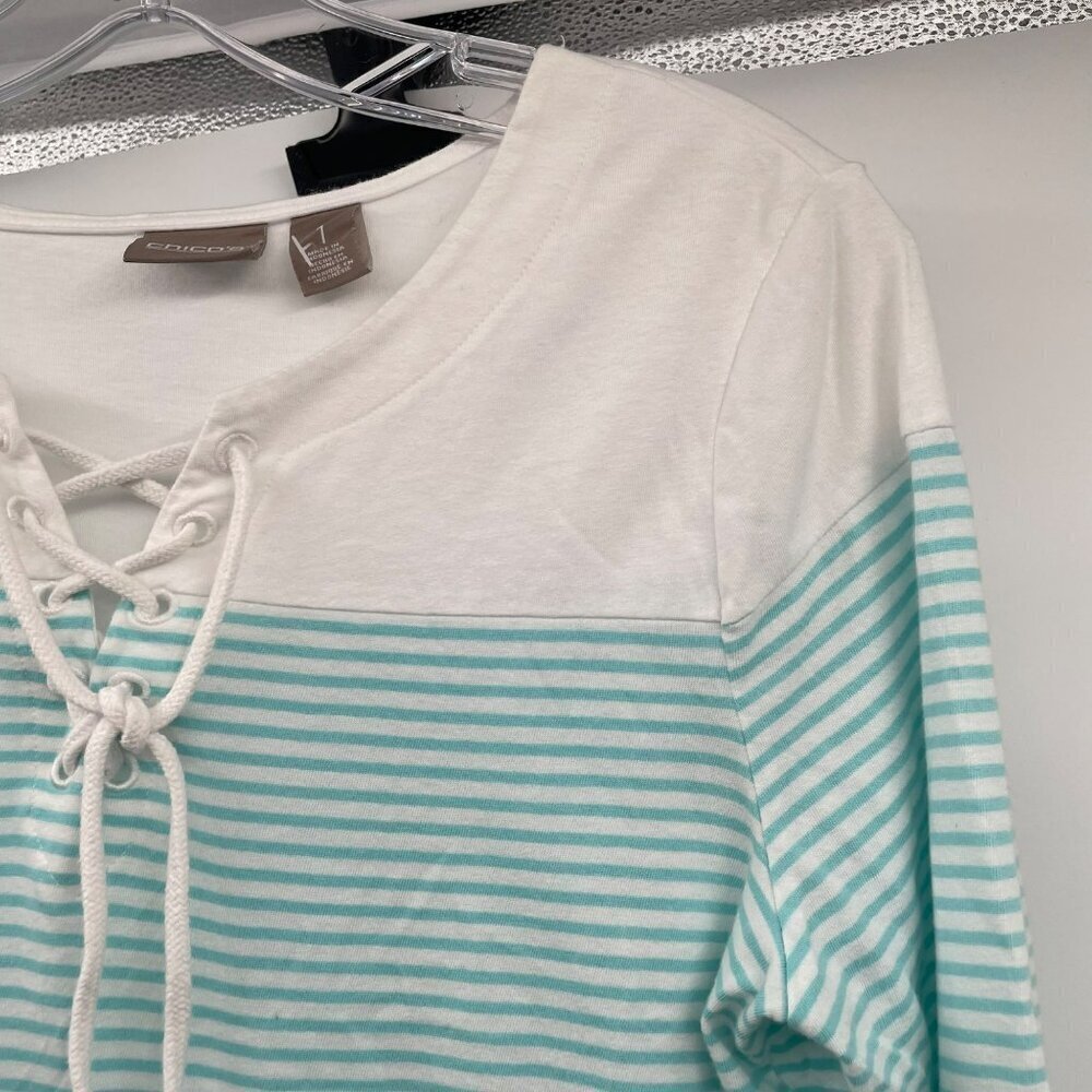 Chico's Womens Striped Top Lace Up Neck Turquoise/White Size Medium - Picture 4 of 9